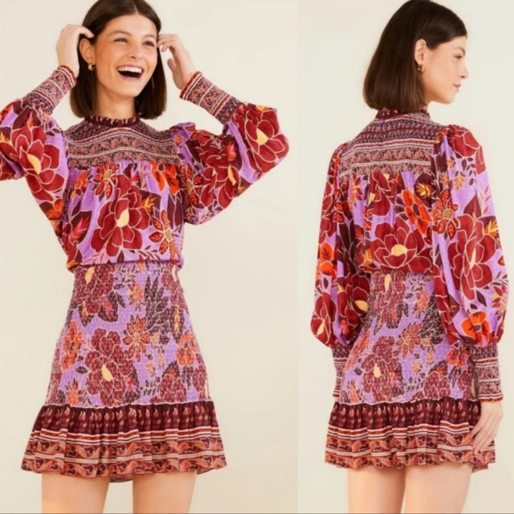 Farm Rio Sweet Floral Long Sleeve Mini Dress L - Picture 15 of 16